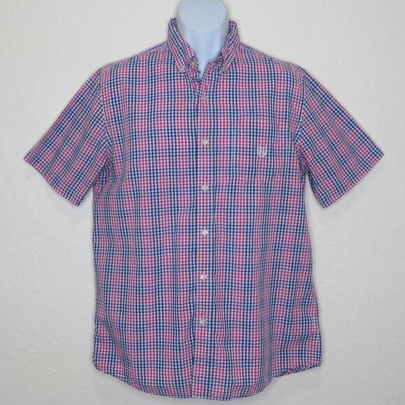 Chaps* Men's Short Sleeve Button Down Curved Hem Pocket Checkered Shirt~ Medium - Picture 1 of 13